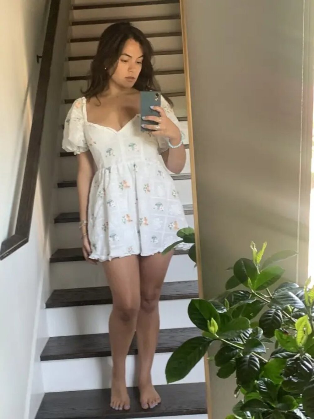 For Love and Lemons Yolanda Mini Dress White Eyelet Mushroom Print Puff Sleeve L - Picture 7 of 12